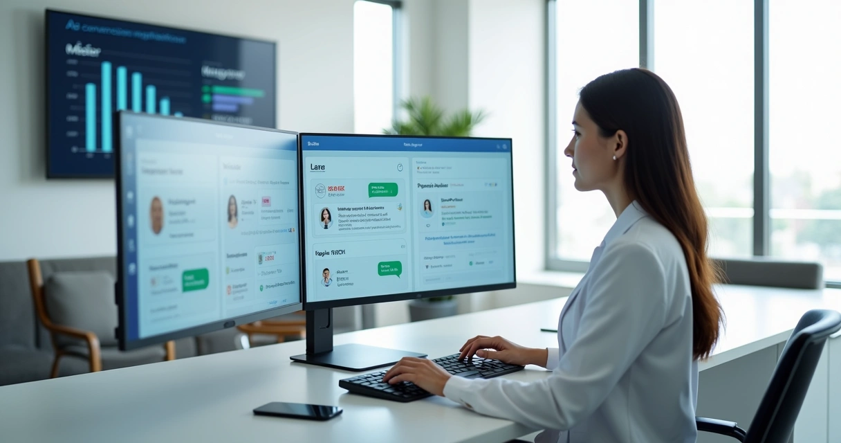 Assistente virtual de IA em tela de computador auxiliando recepcionista de clínica no agendamento de consultas 