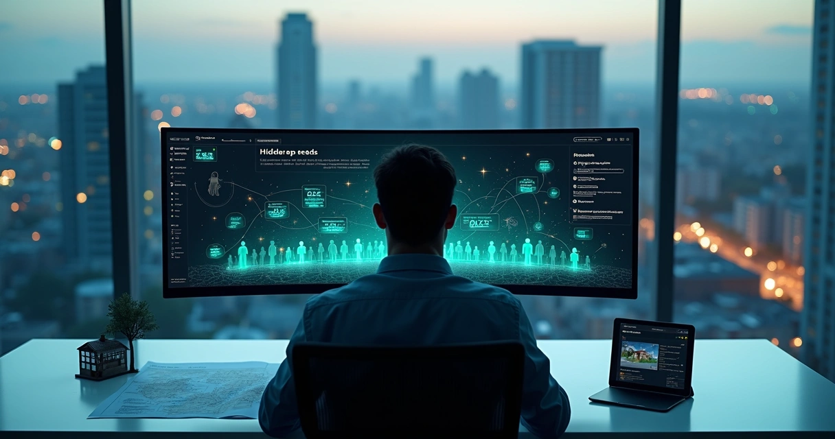 Corretor de imóveis analisando leads ocultos em painel de inteligência artificial 