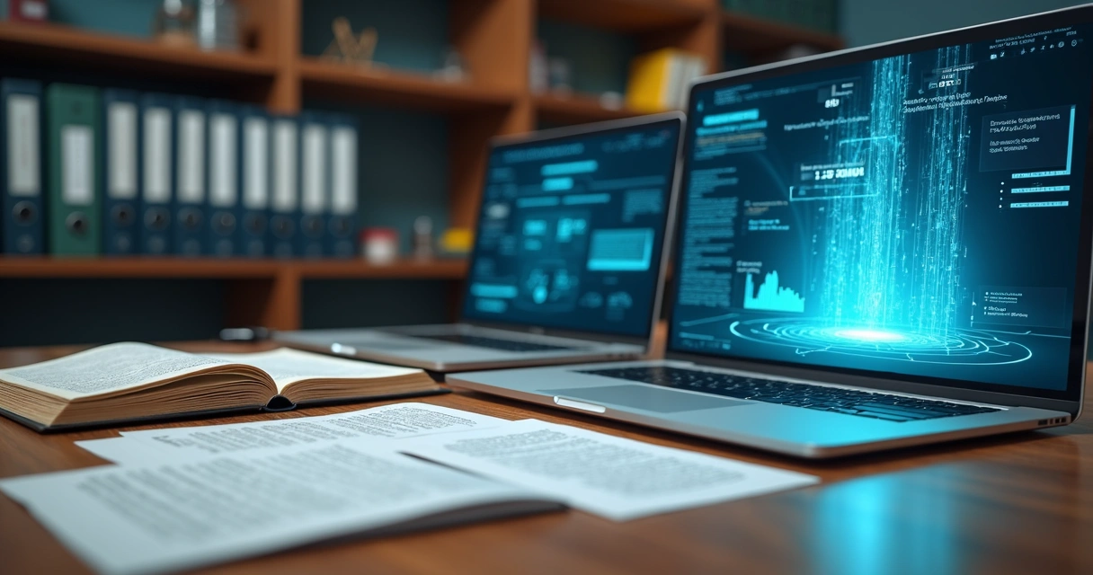 Mesa com livros de legislação tributária, código de impostos digital e IA ajustando regras em tela holográfica 