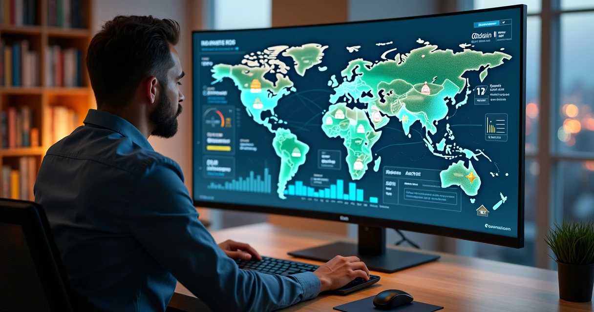 Investidor analisa leilões de imóveis em painel com gráficos de IA 