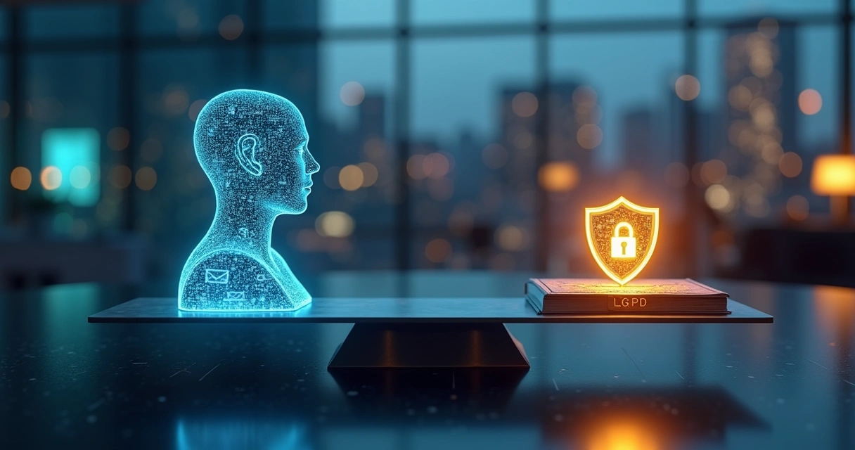 Balança digital equilibrando ícones de dados e escudo de privacidade 