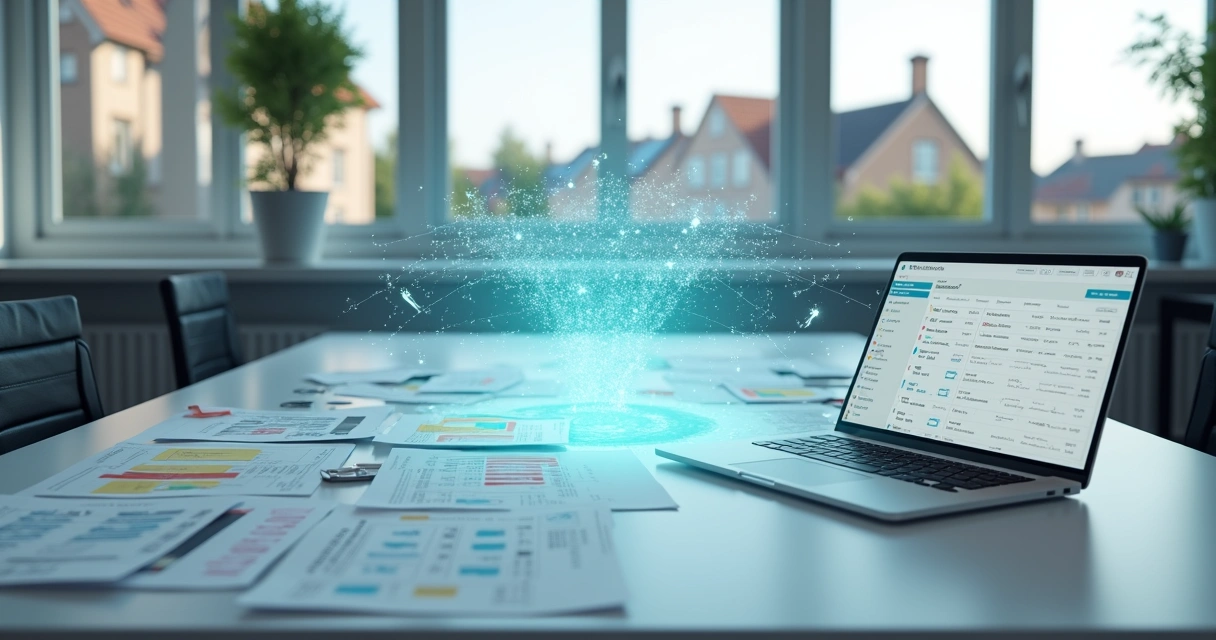 Painel de dados imobiliários bagunçados sendo organizado por inteligência artificial 