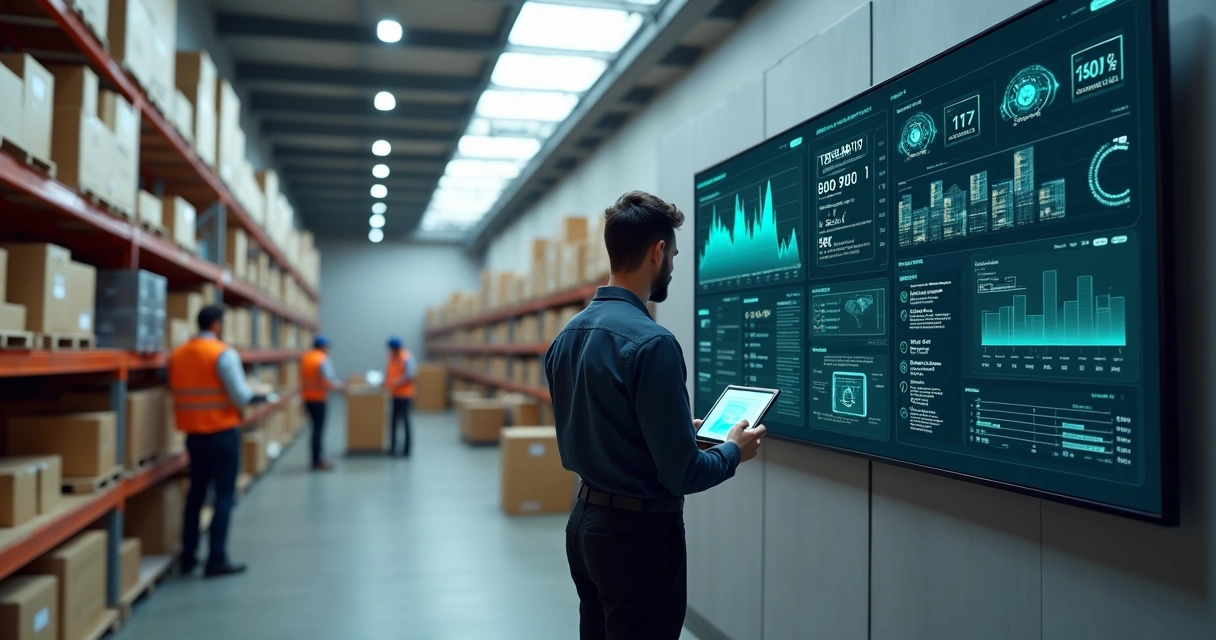 Gestor acompanhando painel de logística com IA em pequeno galpão de estoque 