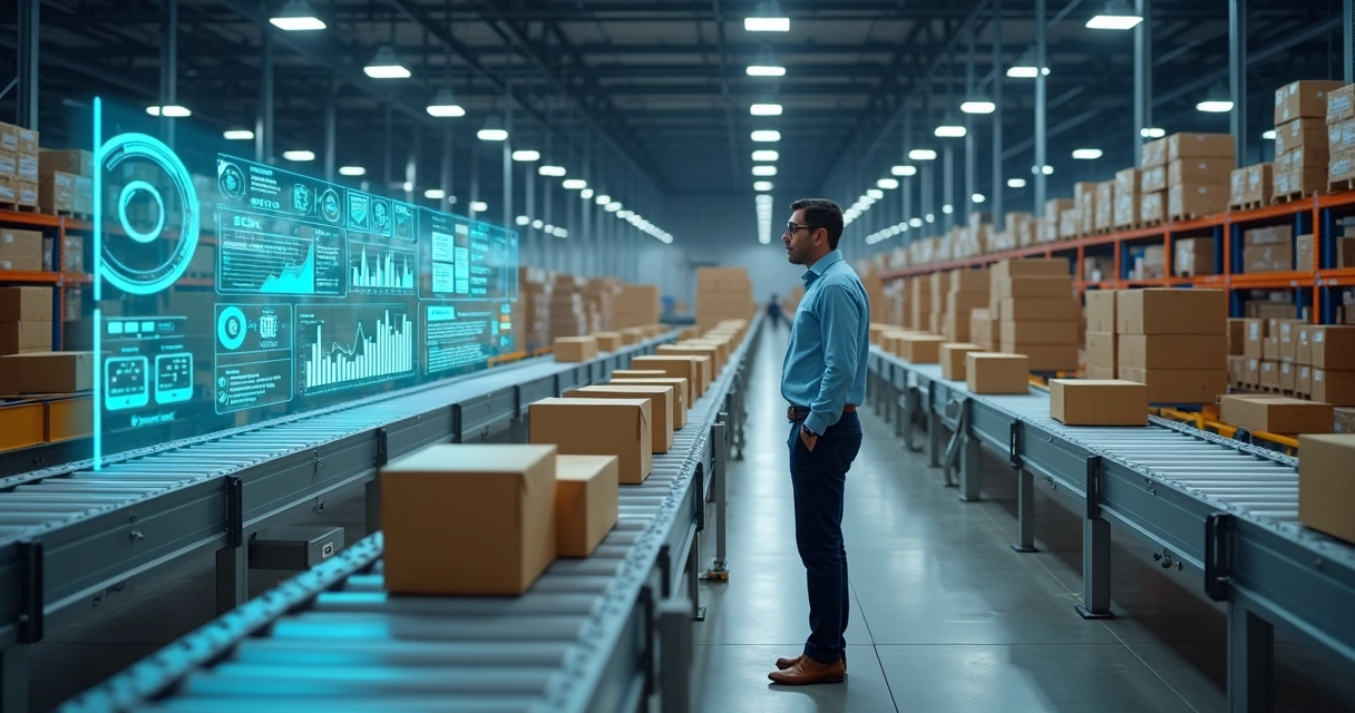 Galpão logístico com esteiras e painéis de IA otimizando fluxo de caixas 