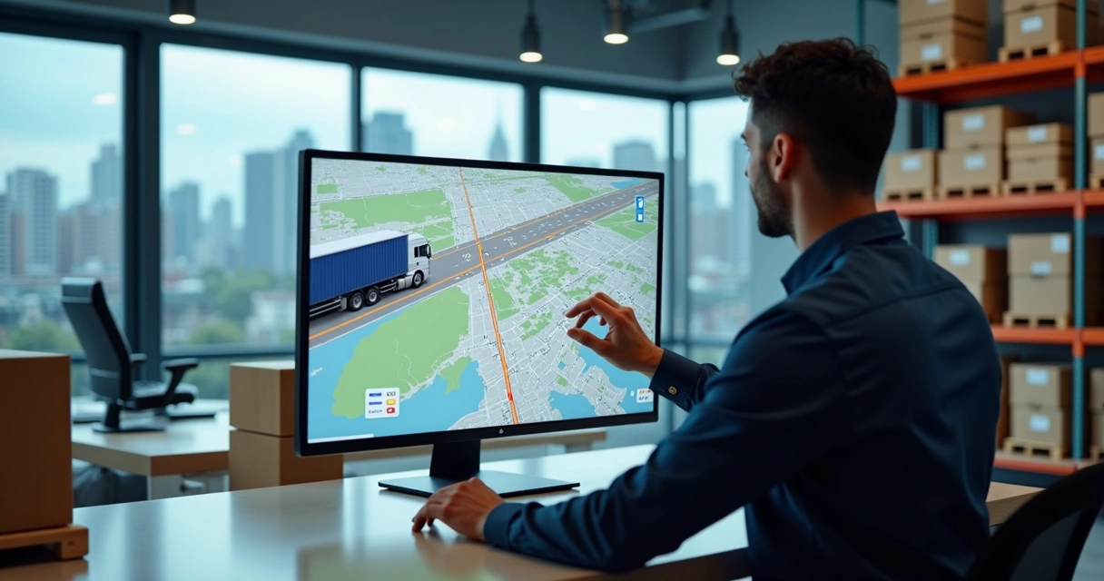 Caminhão em rota otimizada por IA com mapa digital 