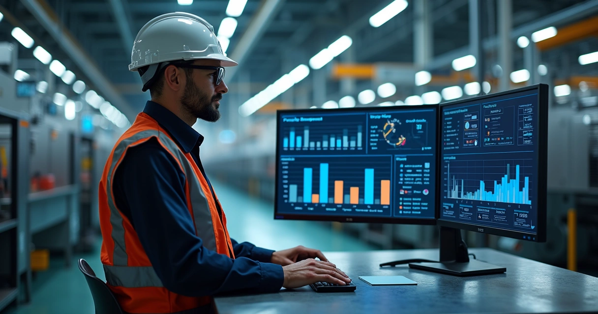 Engenheiro monitora painel de IA em linha de produção industrial 