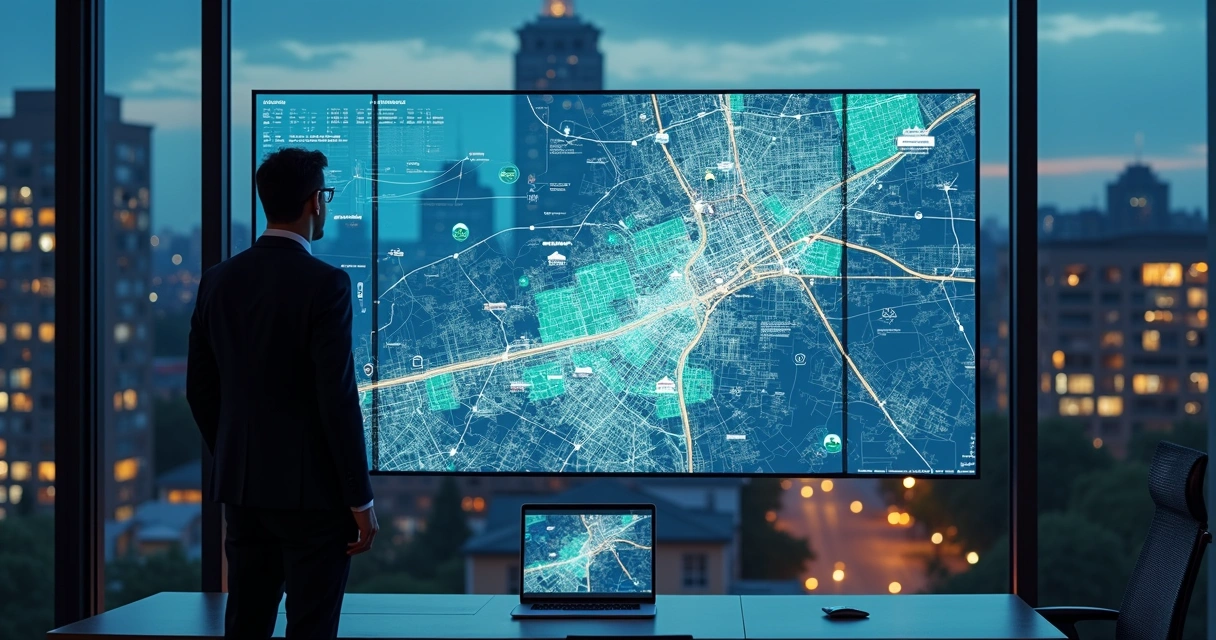 Corretor analisando mapa digital de bairro com dados e tendências em tela gigante 