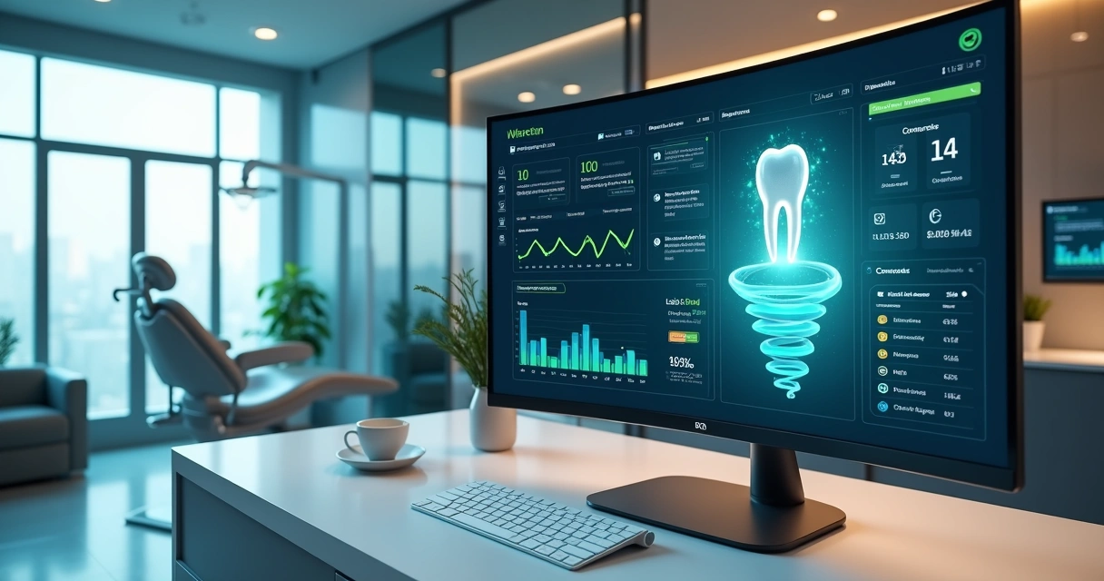 Tela com painel de marketing de clínica odontológica e assistente de IA em destaque 
