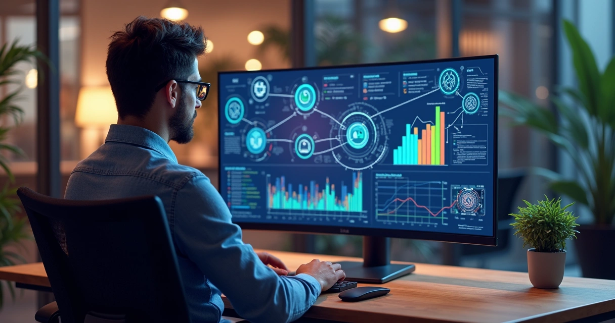 Dashboard de marketing digital com ícones de IA conectando redes sociais e CRM 