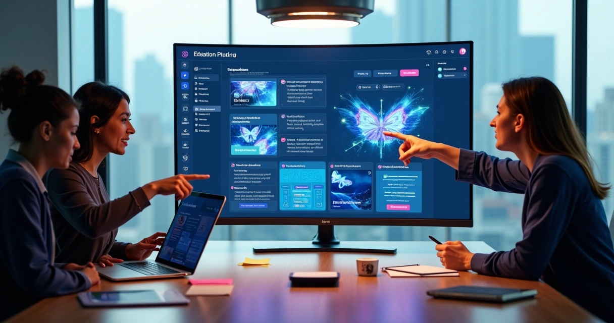 Equipe de marketing usando painel com IA para criar conteúdos digitais 