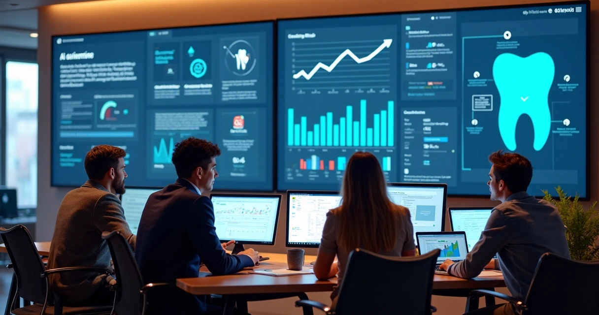 Equipe de marketing digital monitorando campanhas odontológicas com IA em telas grandes e gráficos coloridos 