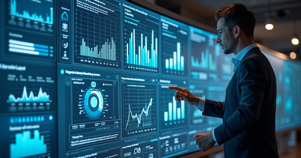 Painel digital com gráficos e sugestões de IA para estratégias de marketing. 