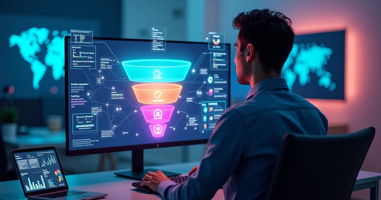 Profissional de marketing analisando funil de vendas personalizado com IA em múltiplos canais 