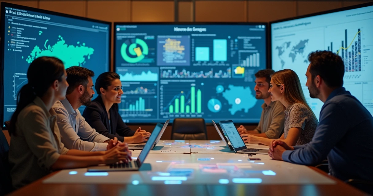 Equipe de marketing trabalhando com dashboards digitais e inteligência artificial 