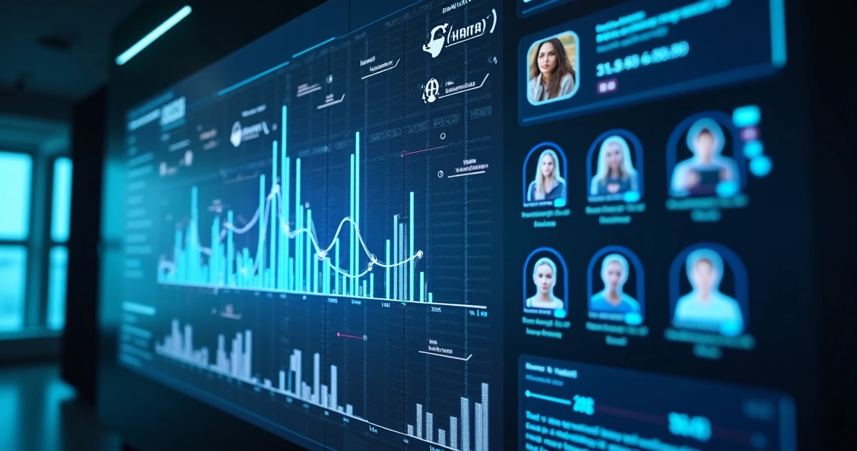 IA analisando dados de criadores de conteúdo, com gráficos e perfis na tela. 