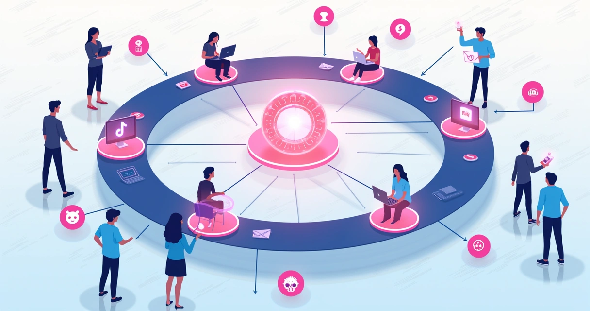 Gráfico conceitual de ciclos de marketing integrados com tecnologia IA e múltiplos canais 