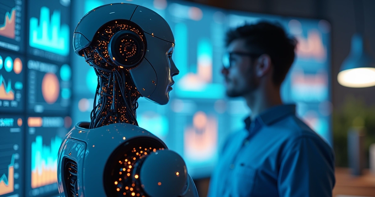Robô e humano analisando gráficos em tela digital juntos 