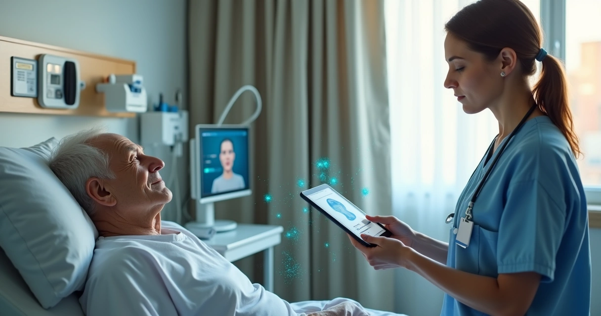 Profissional de saúde usando tablet com IA para medir dor em paciente idoso não verbal em leito de enfermaria 
