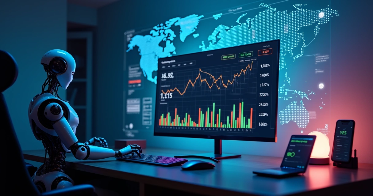 Tela de computador com gráficos de previsão ao lado de um robô analisando dados 