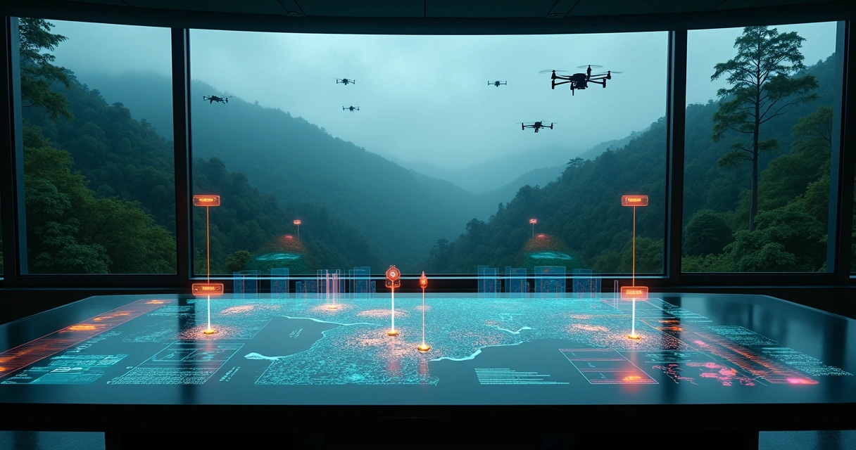 Drones e painel de IA monitorando floresta à distância 
