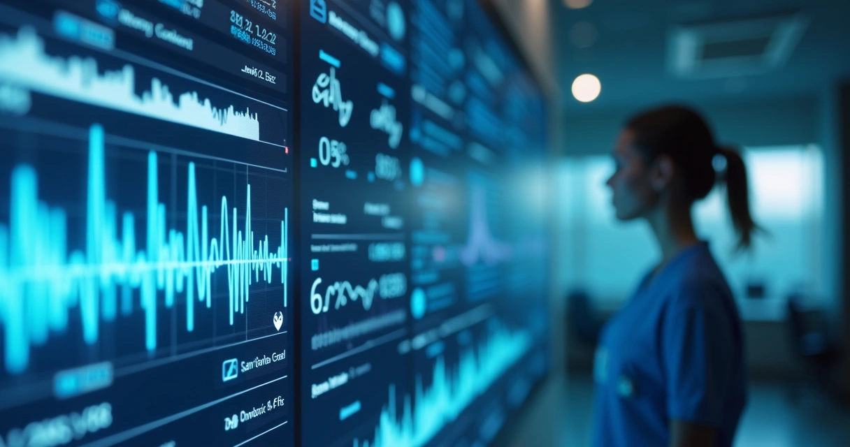 Tela digital exibindo IA monitorando paciente em tempo real