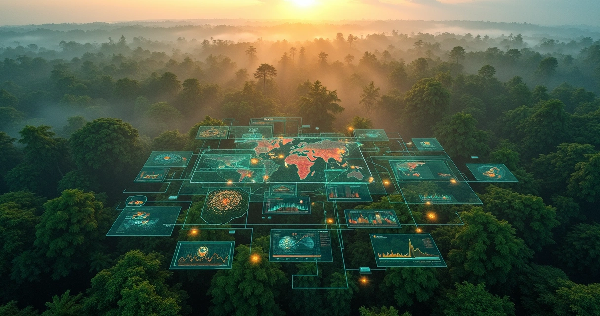 Mapa digital com ícones de espécies sobre floresta tropical verde vista de cima 