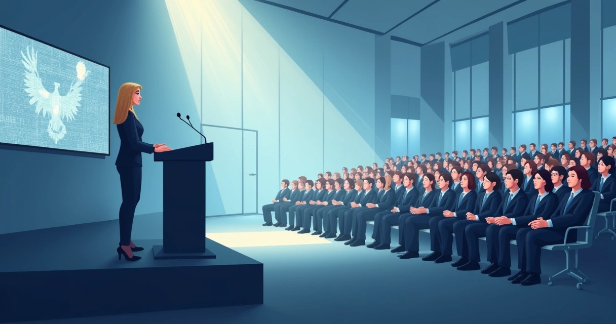 Mulher política fala em tribuna com rostos distorcidos na plateia, ilustração institucional