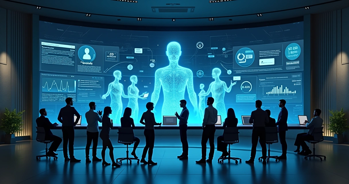 Agentes de IA colaborando com profissionais em um painel de dados corporativos 