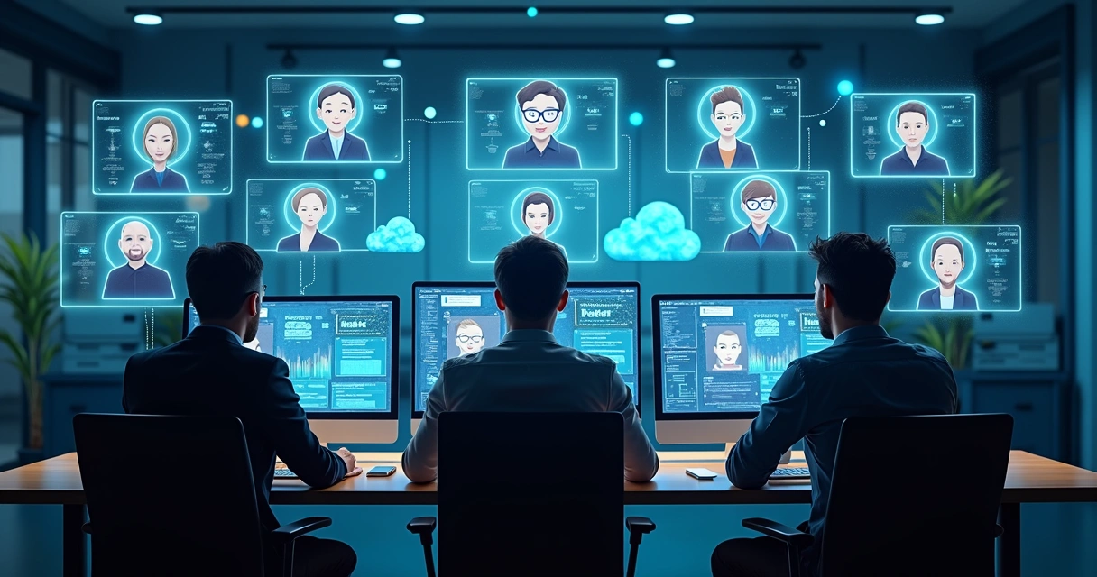 Equipe de TI reunida com diversos agentes virtuais em telas digitais