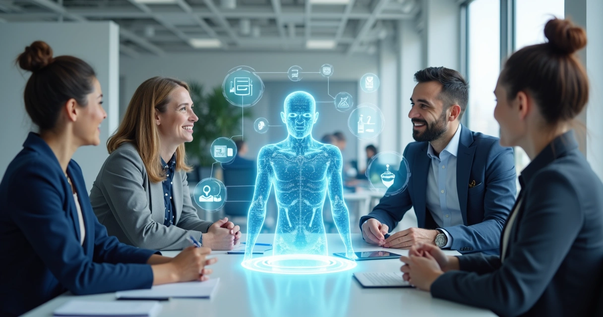 Assistente de IA interagindo com diferentes perfis de comunicação em ambiente de escritório moderno