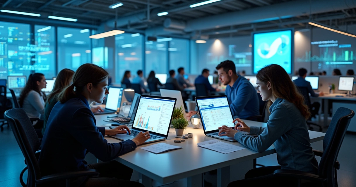 Equipe de contabilidade usando IA em ambiente digital moderno 