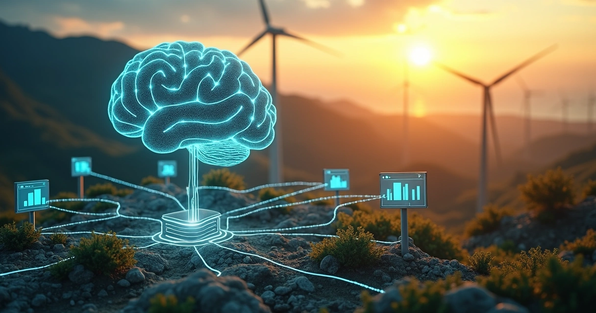 Esquema visual do uso de IA no setor elétrico com data center, painéis solares, turbinas eólicas e linhas de transmissão. 
