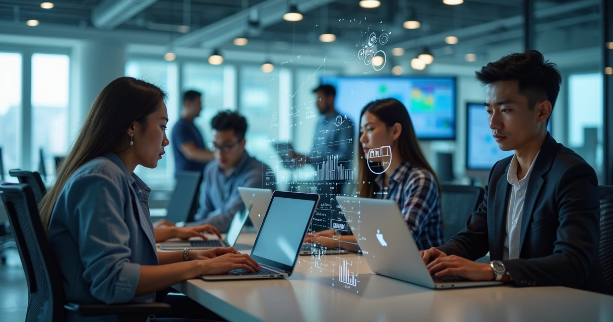 Jovens no escritório com computadores e gráficos de IA sobrepostos 