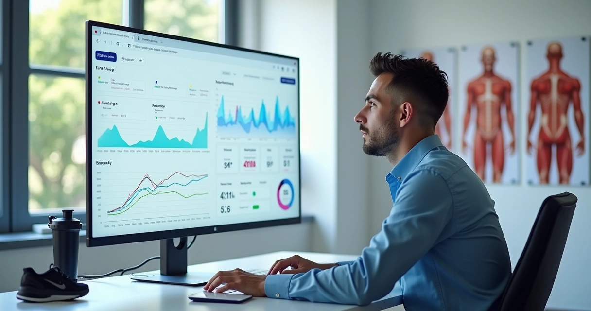 Nutricionista analisando dashboard de IA com dados de nutrição esportiva 