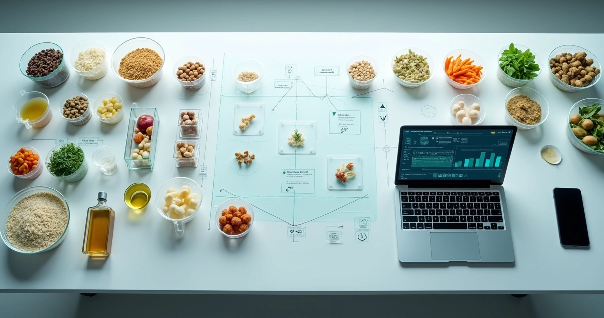 Visão superior de mesa de laboratório com alimentos organizados e interface de IA projetada sobre dados nutricionais 