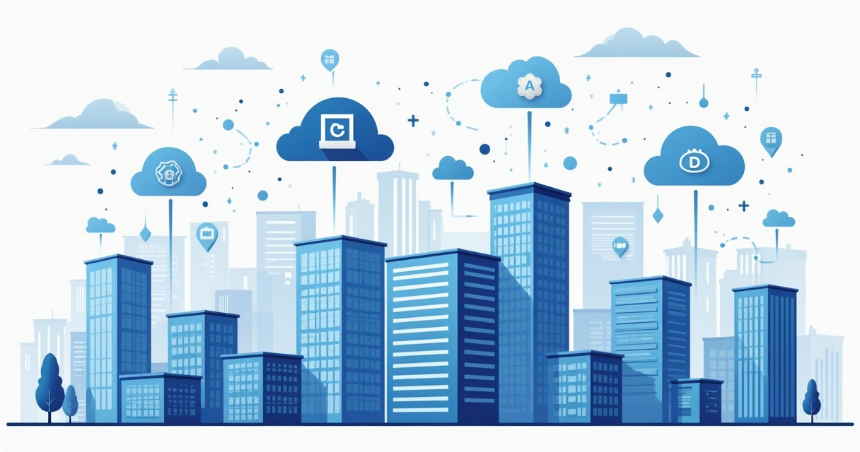 Ilustração de empresas conectadas à nuvem híbrida com fluxos de dados