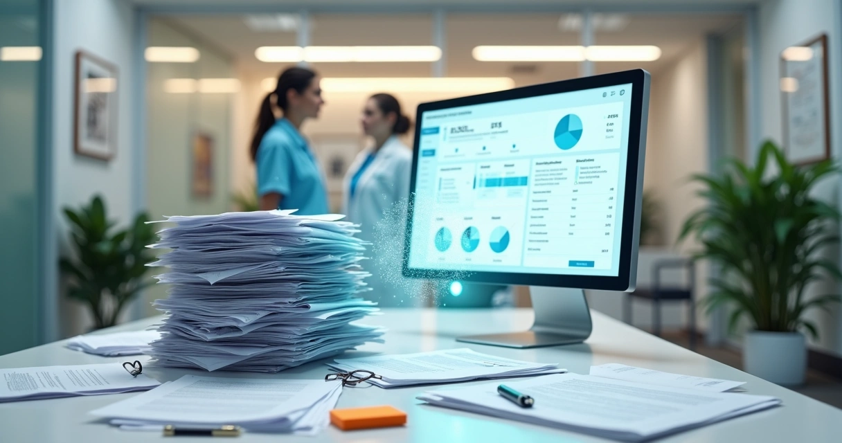 Assistente virtual de IA organiza pilhas de papéis em clínica médica moderna 
