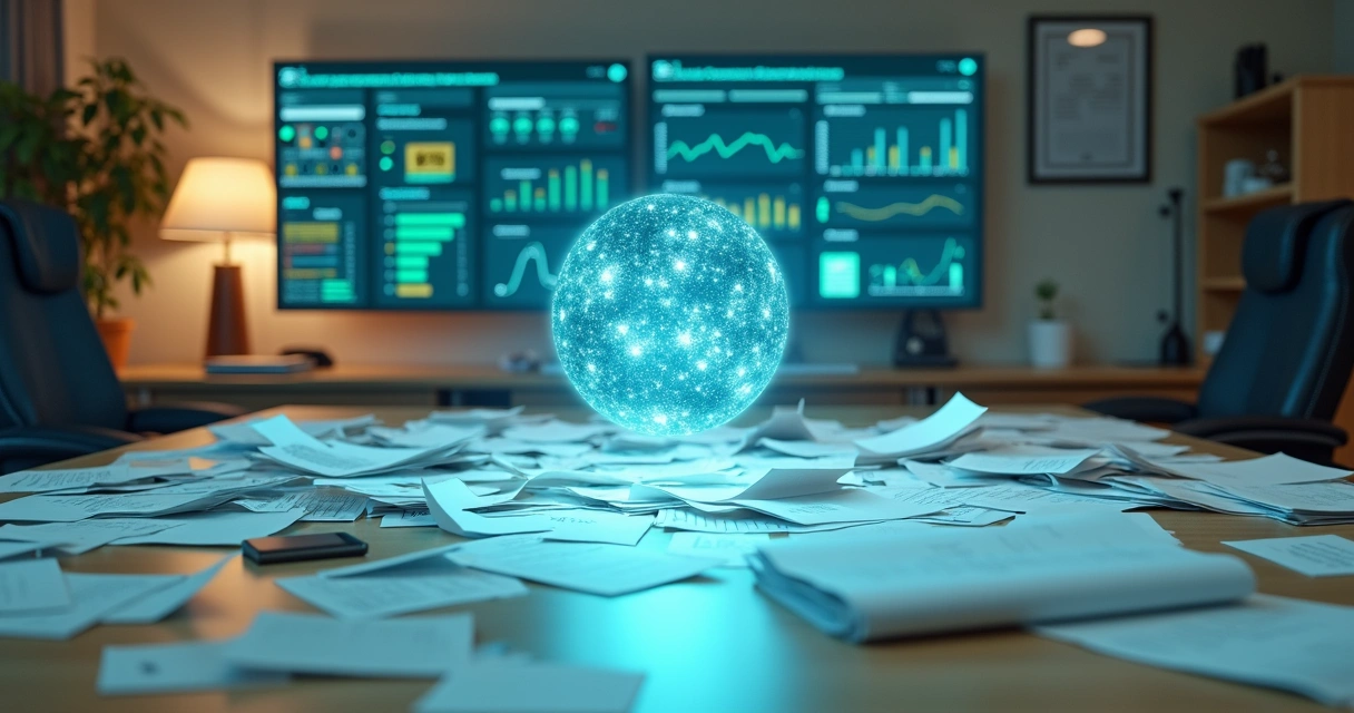 Assistente de IA organiza pilha de papéis e painel digital de tarefas 