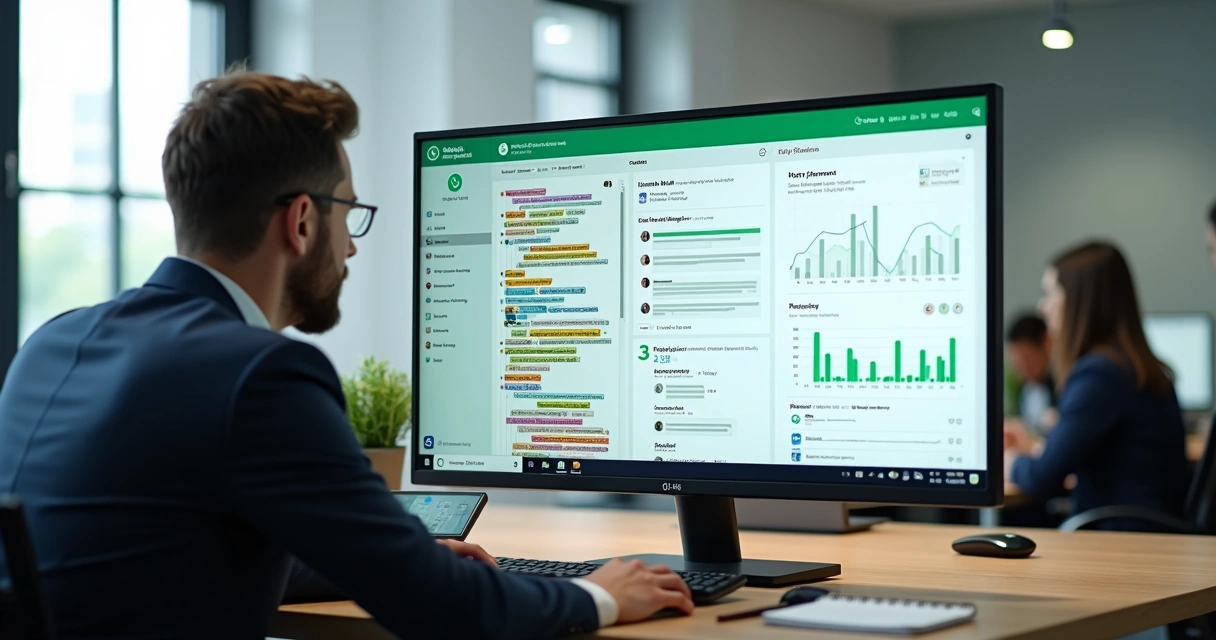 Painel com inteligência artificial organizando conversas de grupo no WhatsApp em um escritório moderno 