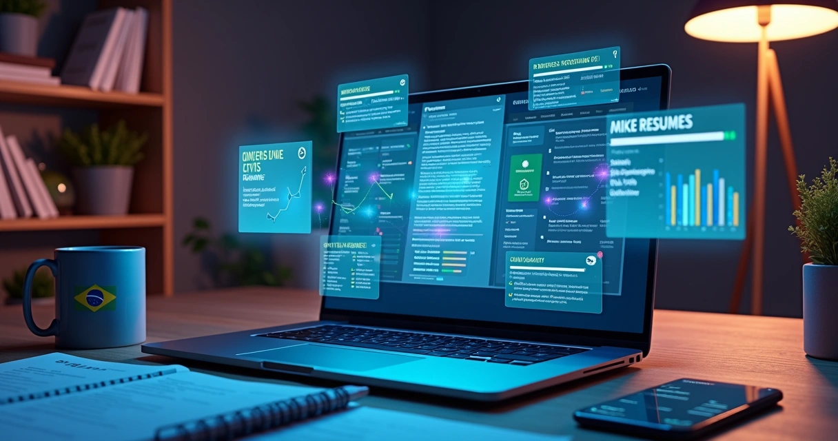 Profissional usando painel digital com IA otimizando currículo no computador 