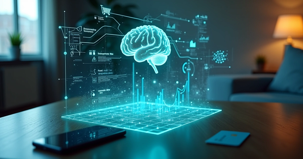 Mapa de calor financeiro em realidade aumentada acima de mesa com cartão e celular 