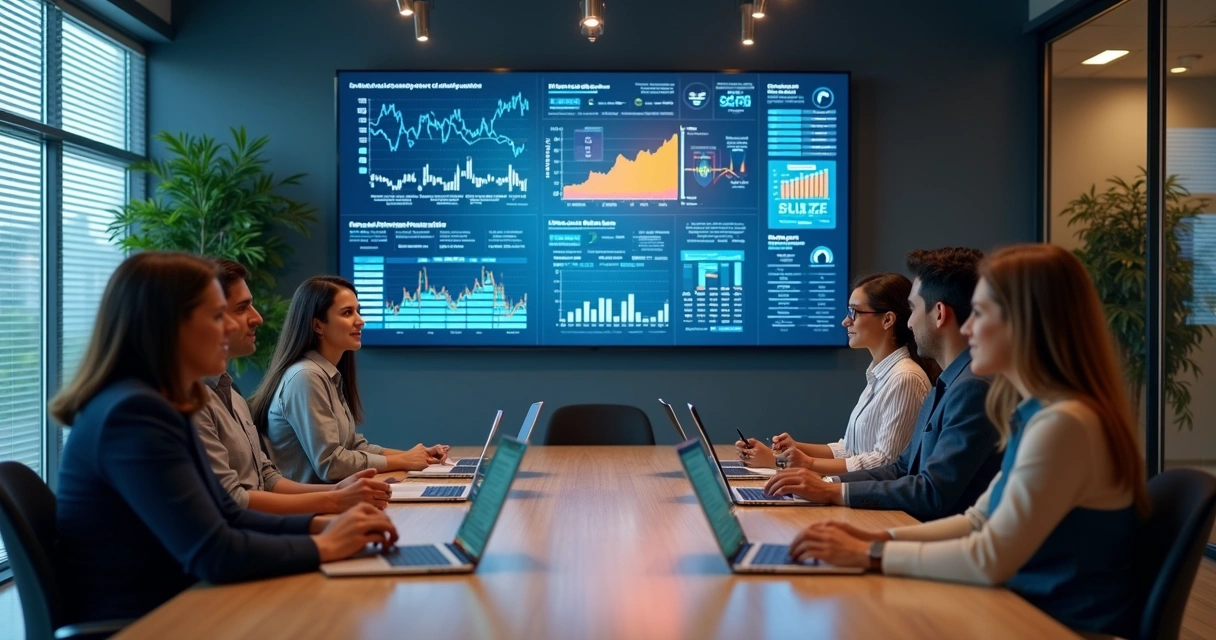 Equipe de contabilidade usando painel de IA em reunião 