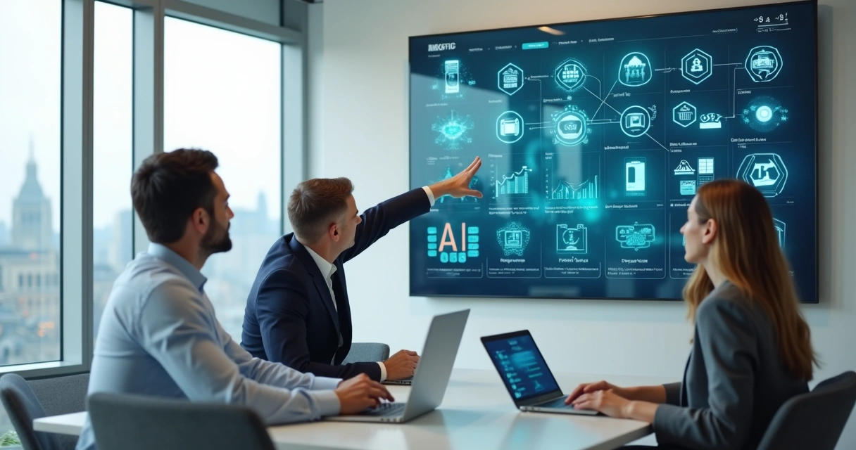 Gestores analisando painel com automação de backoffice por IA em escritório moderno 