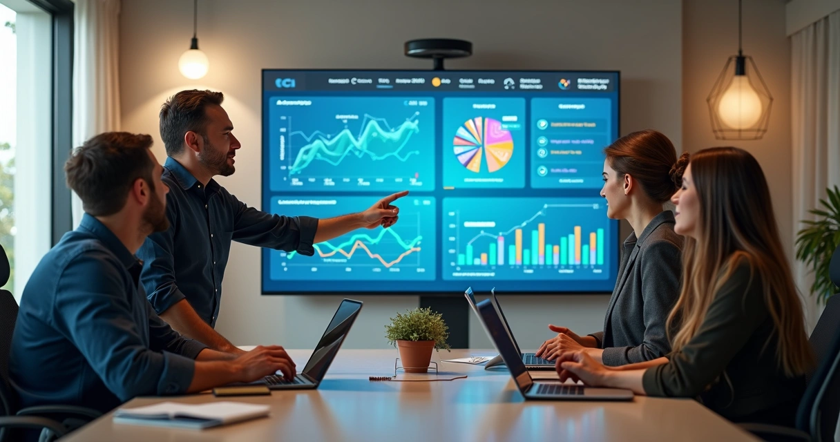 Equipe de vendas analisando painel com gráficos e ícones de inteligência artificial 