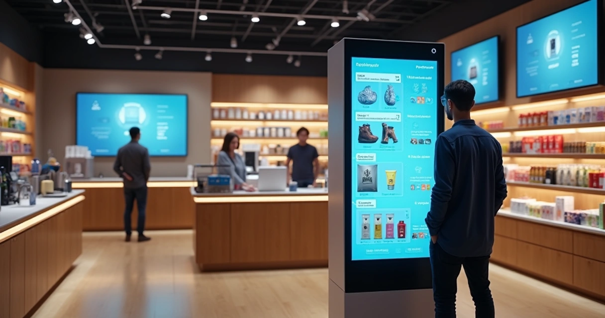 Totem de autoatendimento com IA em loja física moderna de varejo 
