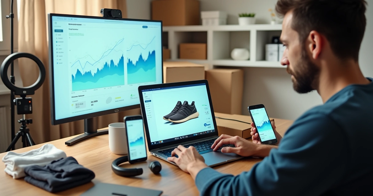 Dona de pequeno e-commerce usando IA no notebook para melhorar fotos de produtos 