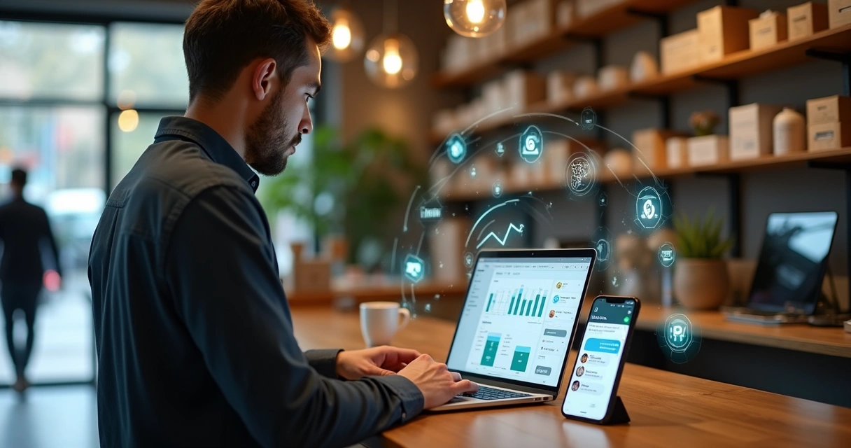 Dono de pequeno negócio usando laptop com painel de IA no balcão da loja 