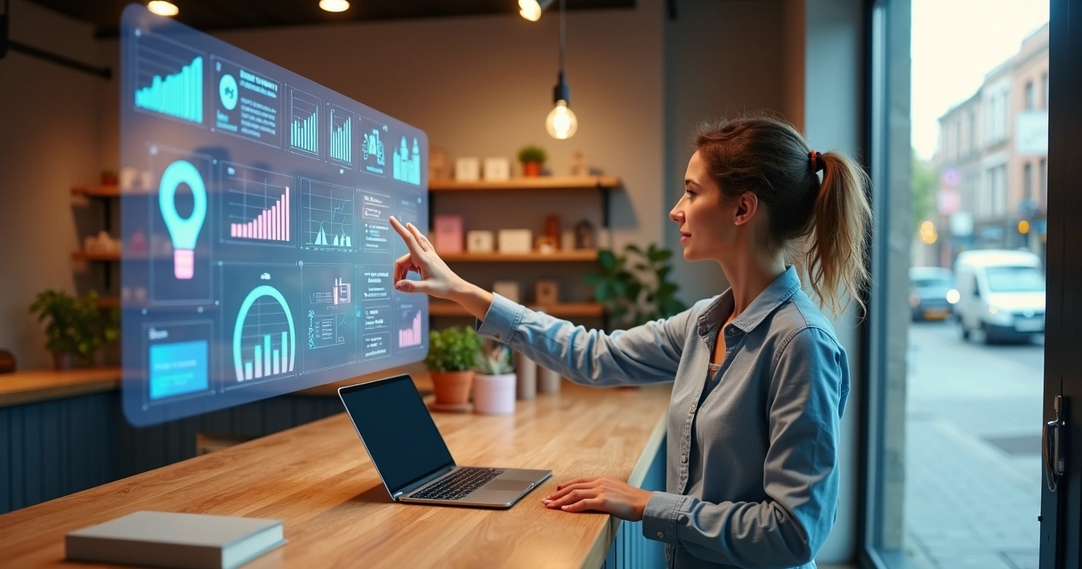 Dona de pequeno negócio em loja física usando painel de inteligência artificial no balcão 