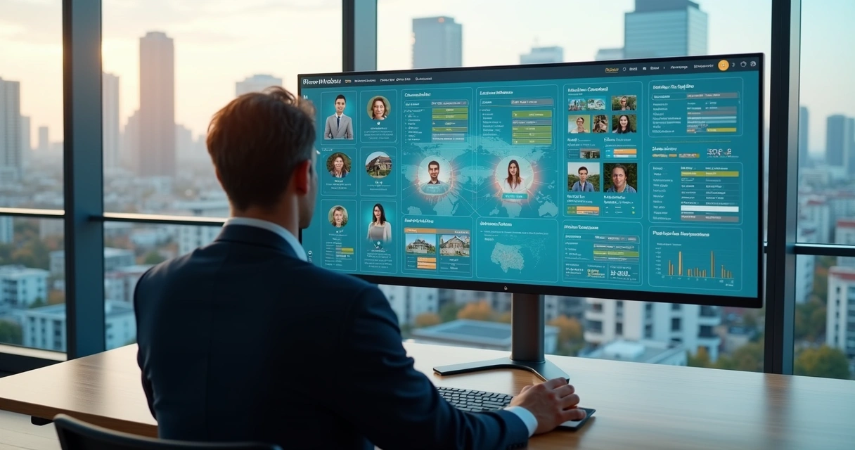Corretor analisando perfis de clientes em dashboard de IA com imóveis personalizados em destaque 