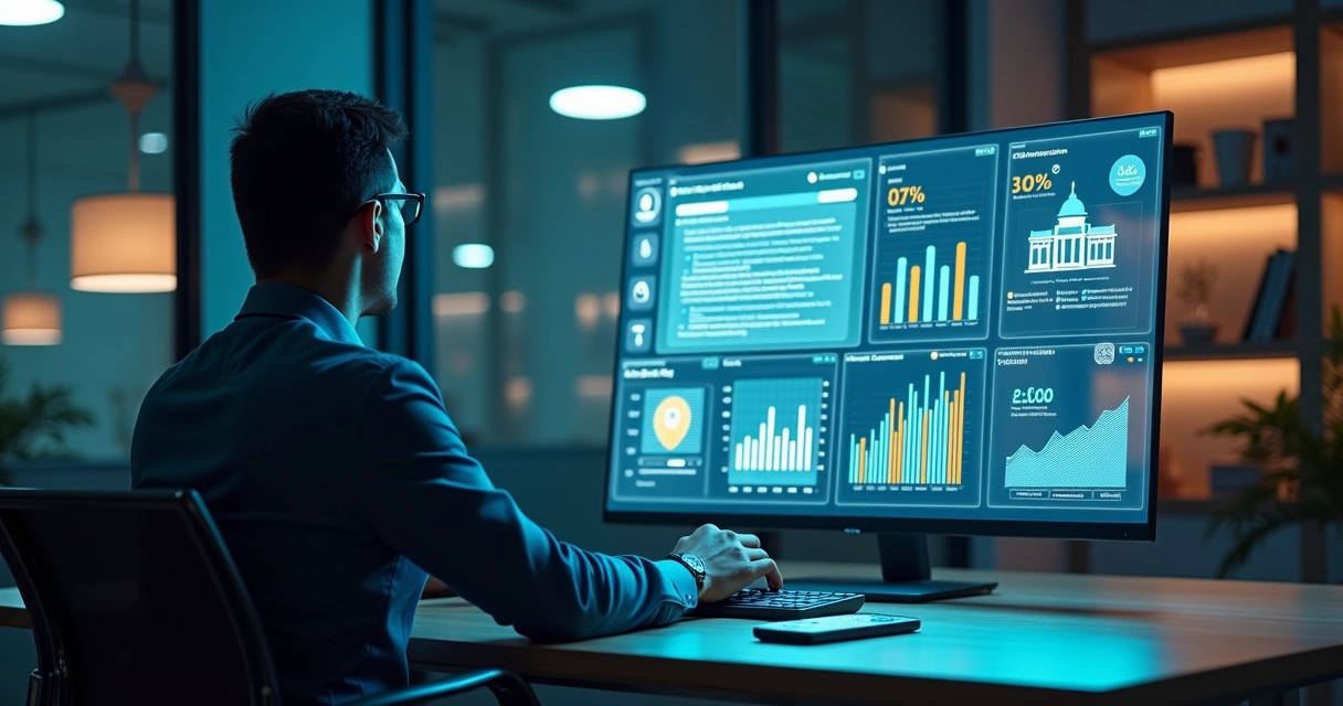 Perito analisa painel digital com processo judicial e gráficos de IA 
